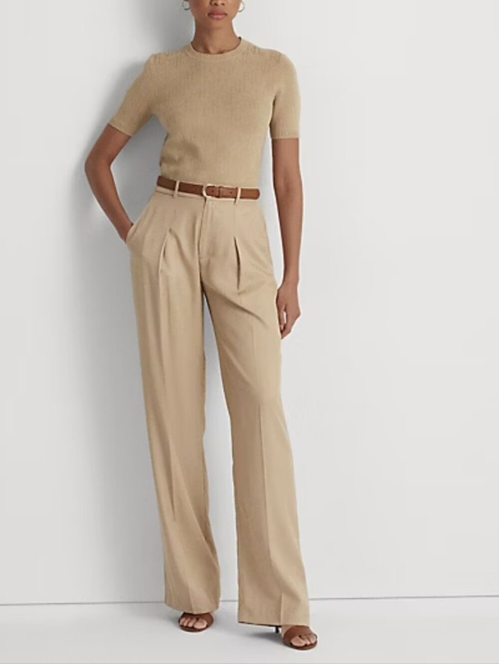 Lauren Ralph Lauren Women's Wide Leg Pleated Twill Pants - Khaki-Size:10